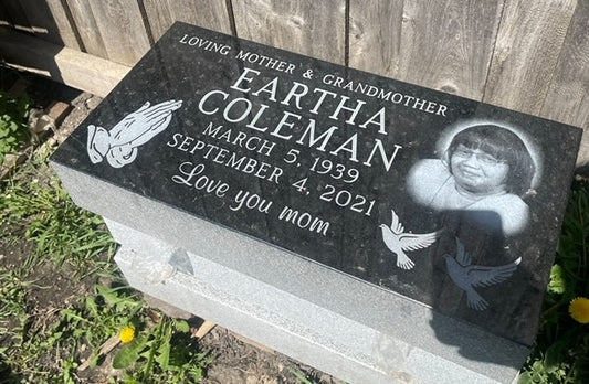 2'x1'x4" Flush Black Granite Headstone with PORTRAIT ETCHING of your loved one for the Catholic Archdiocese Cemeteries of Chicago